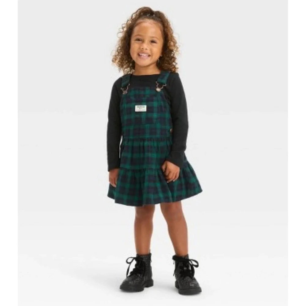 Oshkosh B'Gosh Girls Flannel Tiered Jumper 4T green/ navy plaid